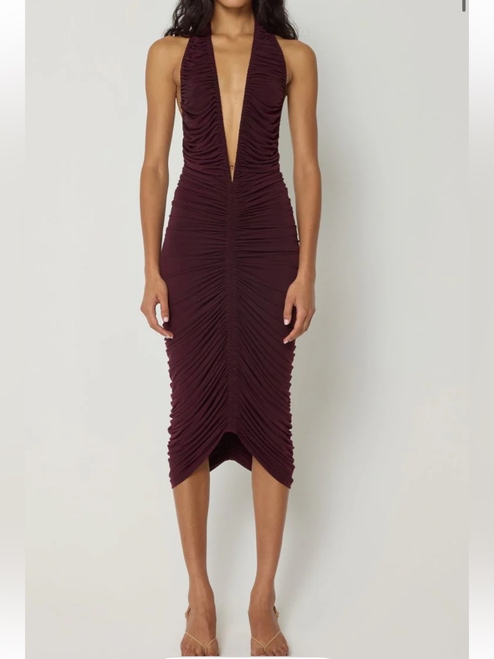 Khy plunging ruched midi dress in chocolate